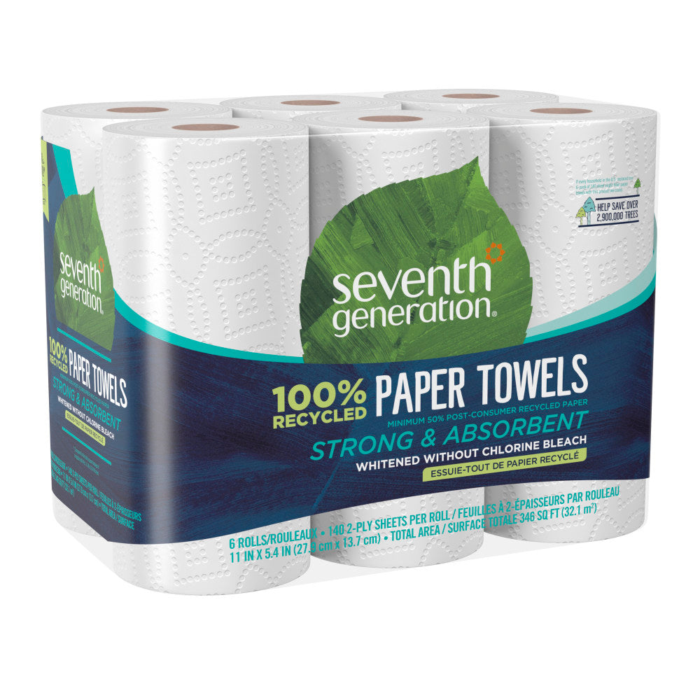 Seventh Generation 2-Ply Paper Towels, 100% Recycled, 140 Sheets Per Roll, Pack Of 6 Rolls