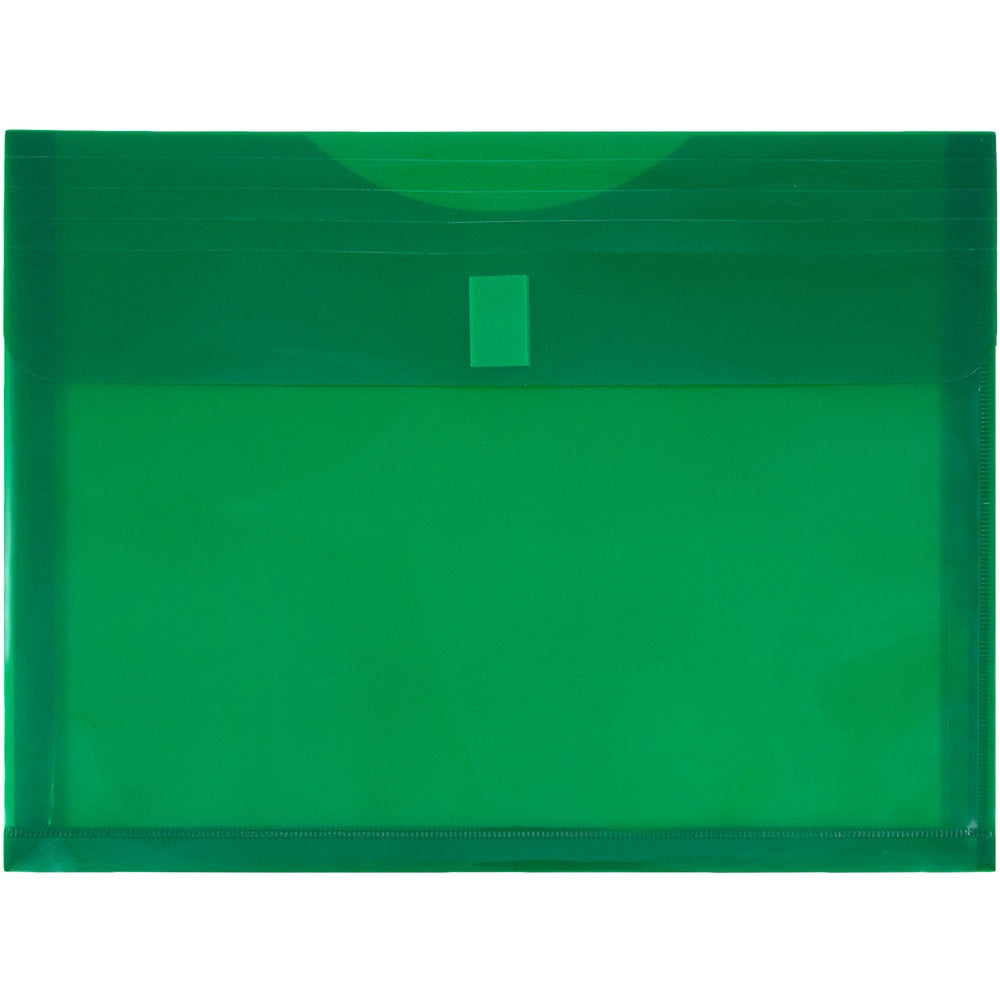 JAM Paper Plastic Booklet Expansion Envelopes, Letter-Size, 9 3/4in x 13in, Hook & Loop Closure, Dark Green, Pack Of 12