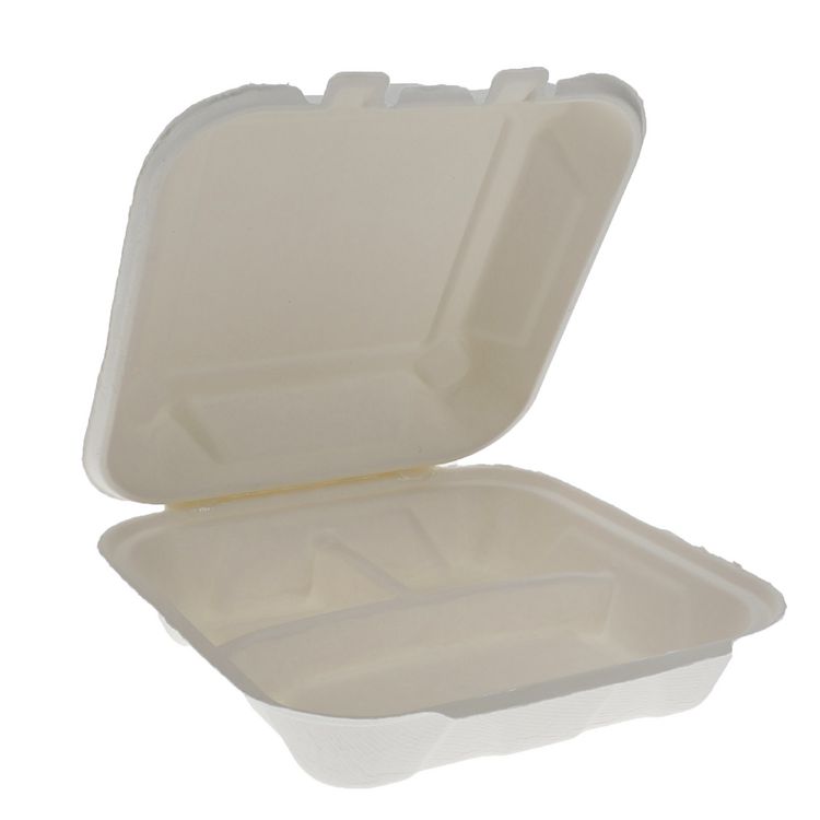 EarthChoice PFAS Free Compostable Hinged Lid Container, 3 Compartments, 8 x 8 x 3, Natural, Sugarcane, 150/Carton