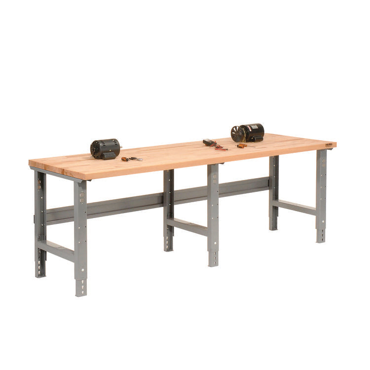 Standard Duty Butcher Block Top Adjustable Height Workbench, 2,000 lbs, 96 x 36 x 30.88 to 36.88, Maple/Gray
