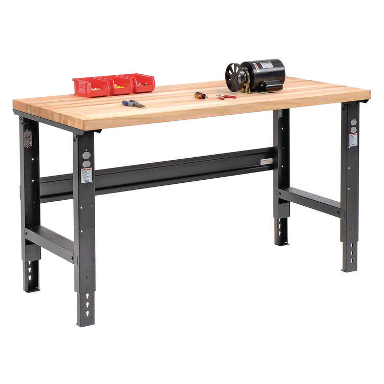 Standard Duty Butcher Block Top Adjustable Height Workbench, 2,000 lbs, 60 x 30 x 30.88 to 36.88, Birch/Black