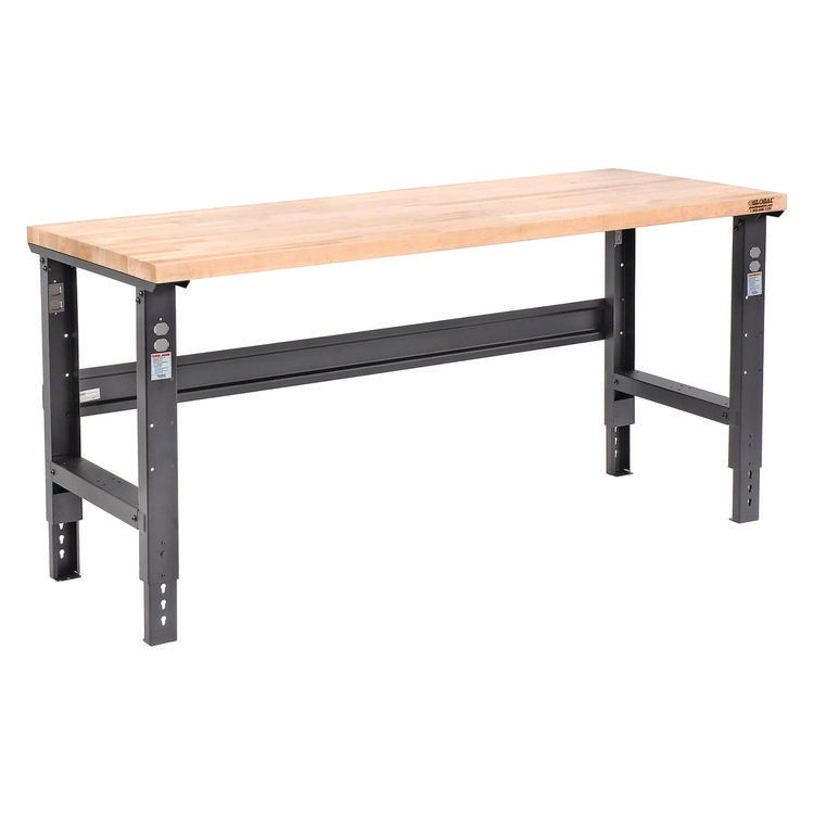 Standard Duty Butcher Block Top Adjustable Height Workbench, 2,000 lbs, 72 x 30 x 30.88 to 36.88, Maple/Black