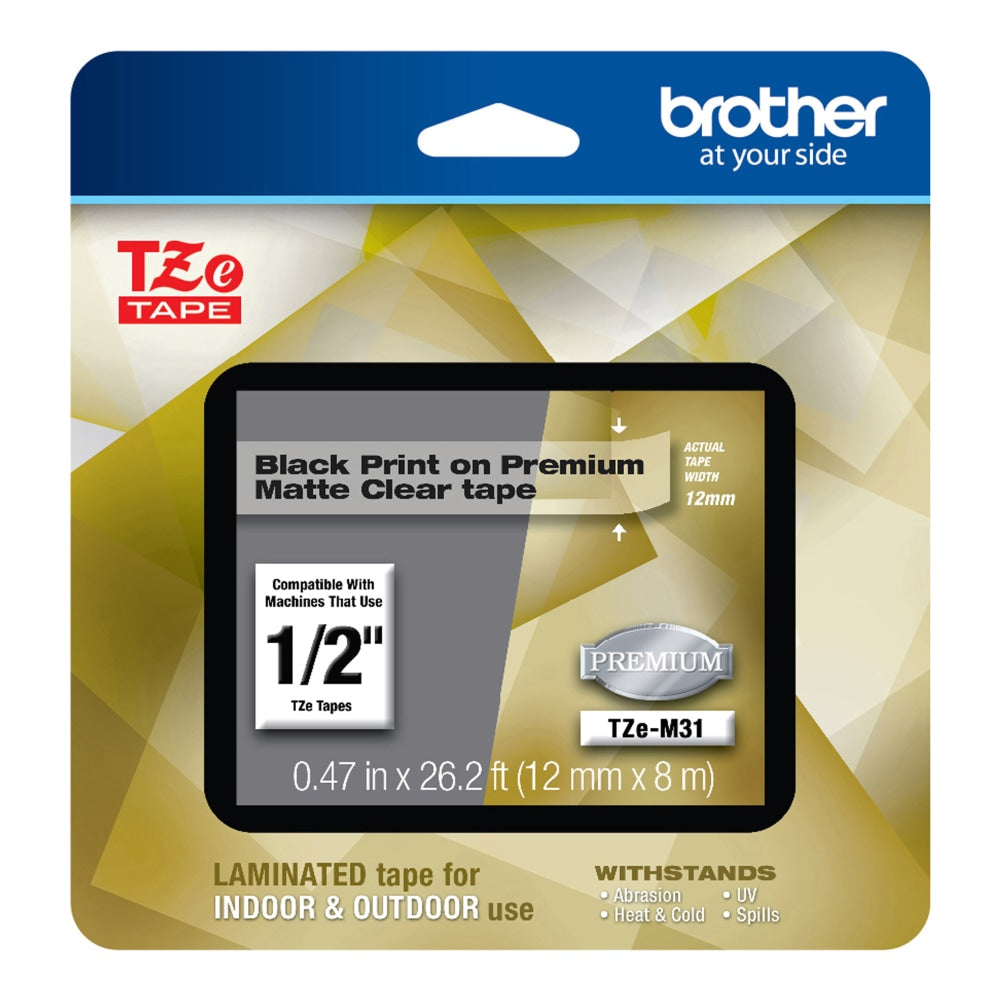 Brother TZE Premium Matte Laminated Tape, 0.47in x 26.2ft, Black/Clear