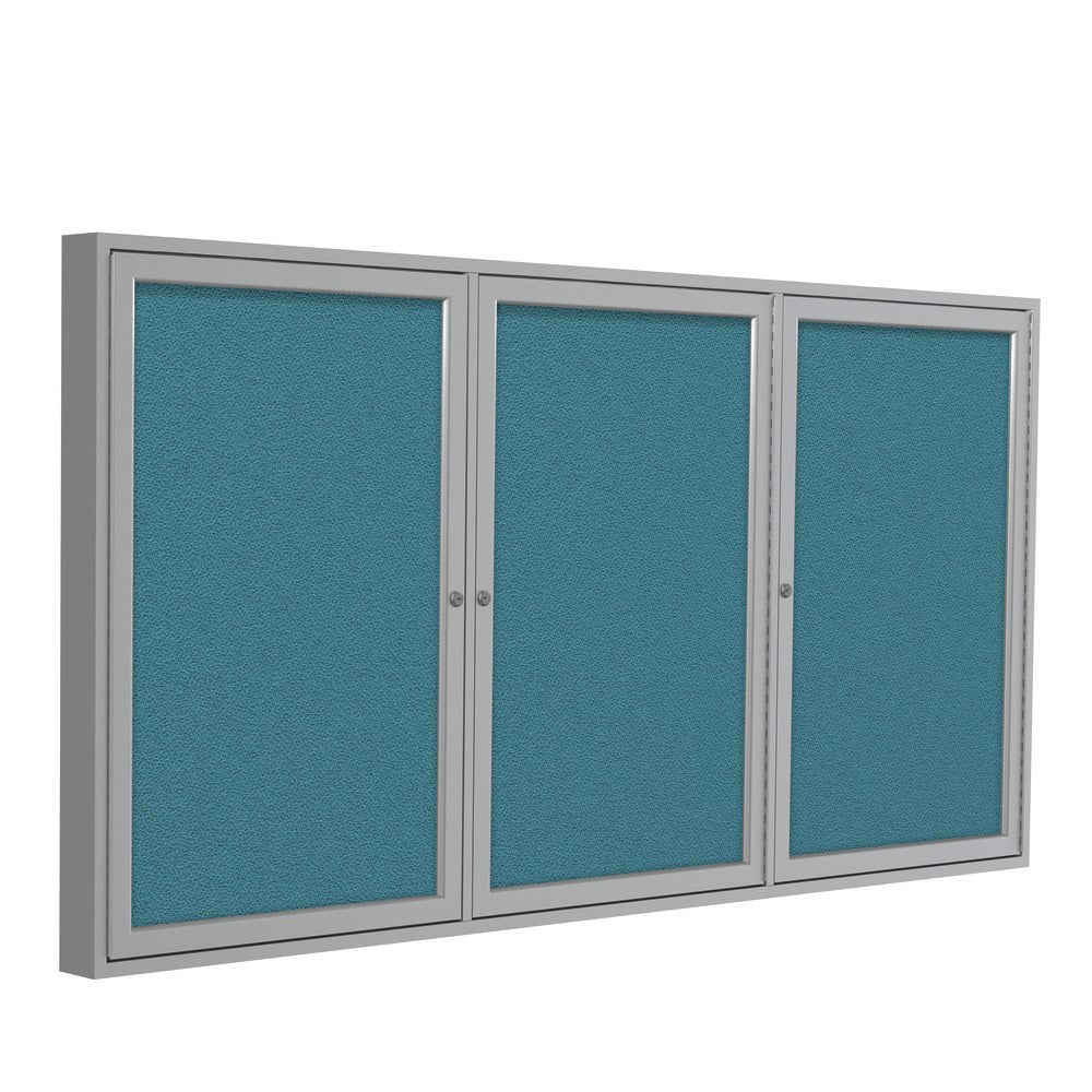 Ghent Traditional 3-Door Enclosed Fabric Bulletin Board, 36in x 72in, Teal, Satin Aluminum Frame