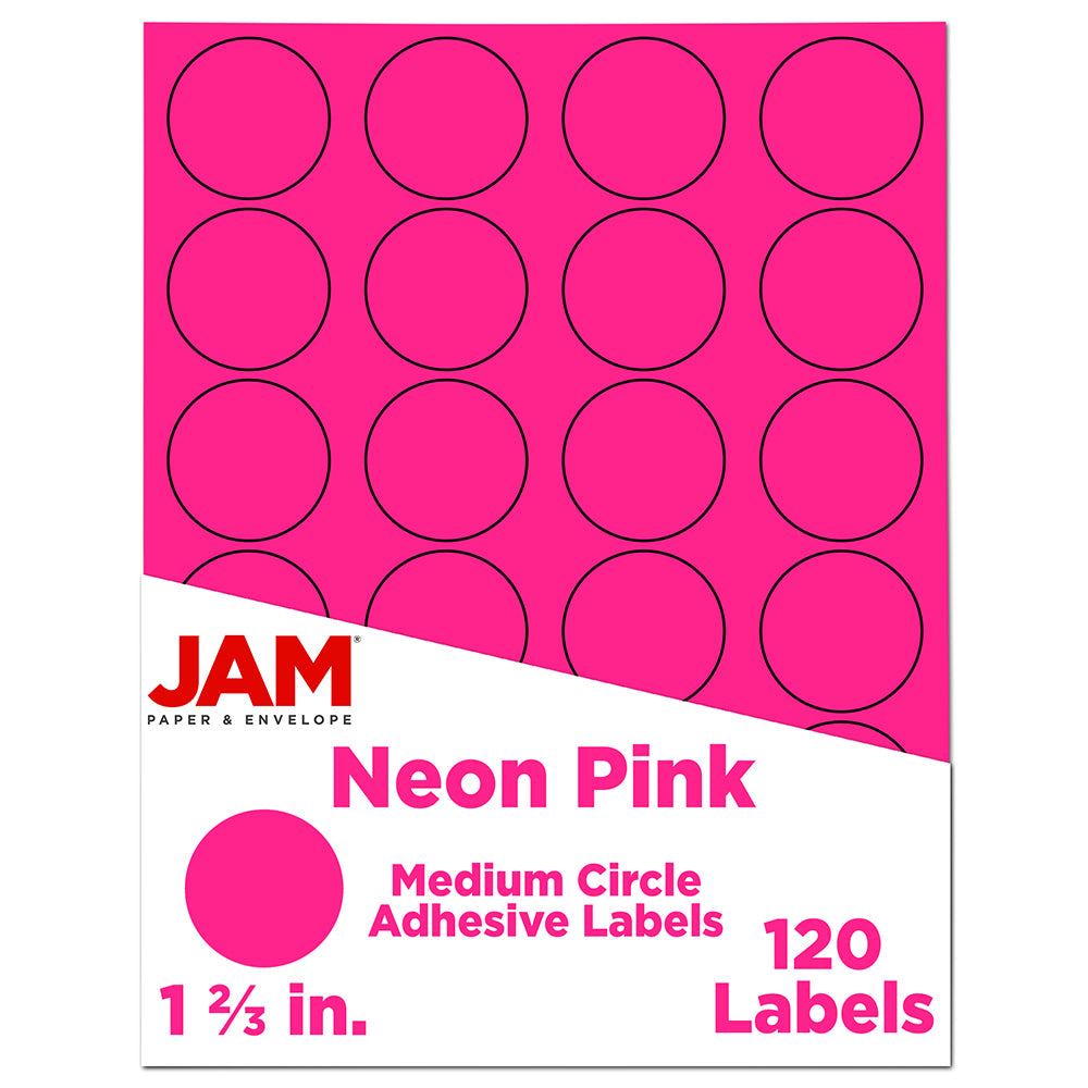 JAM Paper Circle Labels, 1-5/8in, Neon Pink, 24 Labels Per Sheet, Pack Of 5 Sheets