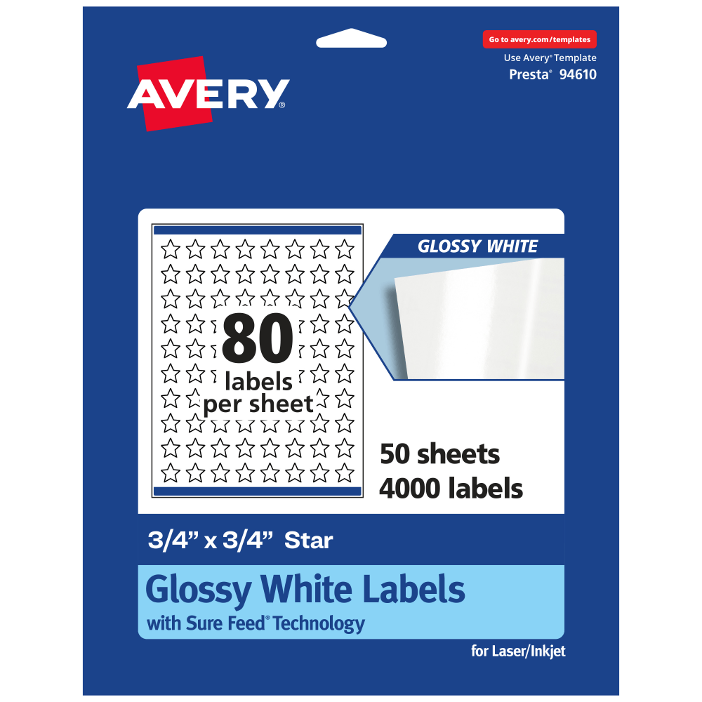Avery Glossy Permanent Labels With Sure Feed, 94610-WGP50, Star, 3/4in x 3/4in, White, Pack Of 4,000