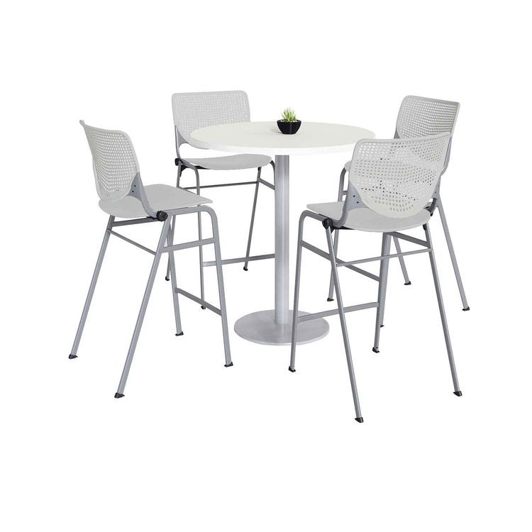 Pedestal Bistro Table with Four Light Gray Kool Series Barstools, Round, 36" Dia x 41h, Designer White