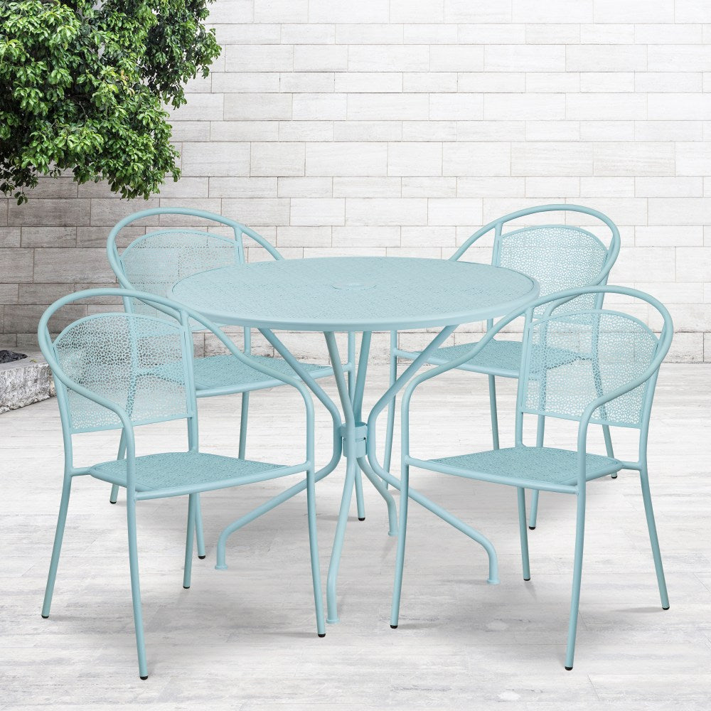 Flash Furniture Commercial-Grade Round Indoor/Outdoor Metal Patio Table Set With 4 Round-Back Chairs, 28-3/4inH x 35-1/4inW x 35-1/4inD, Sky Blue