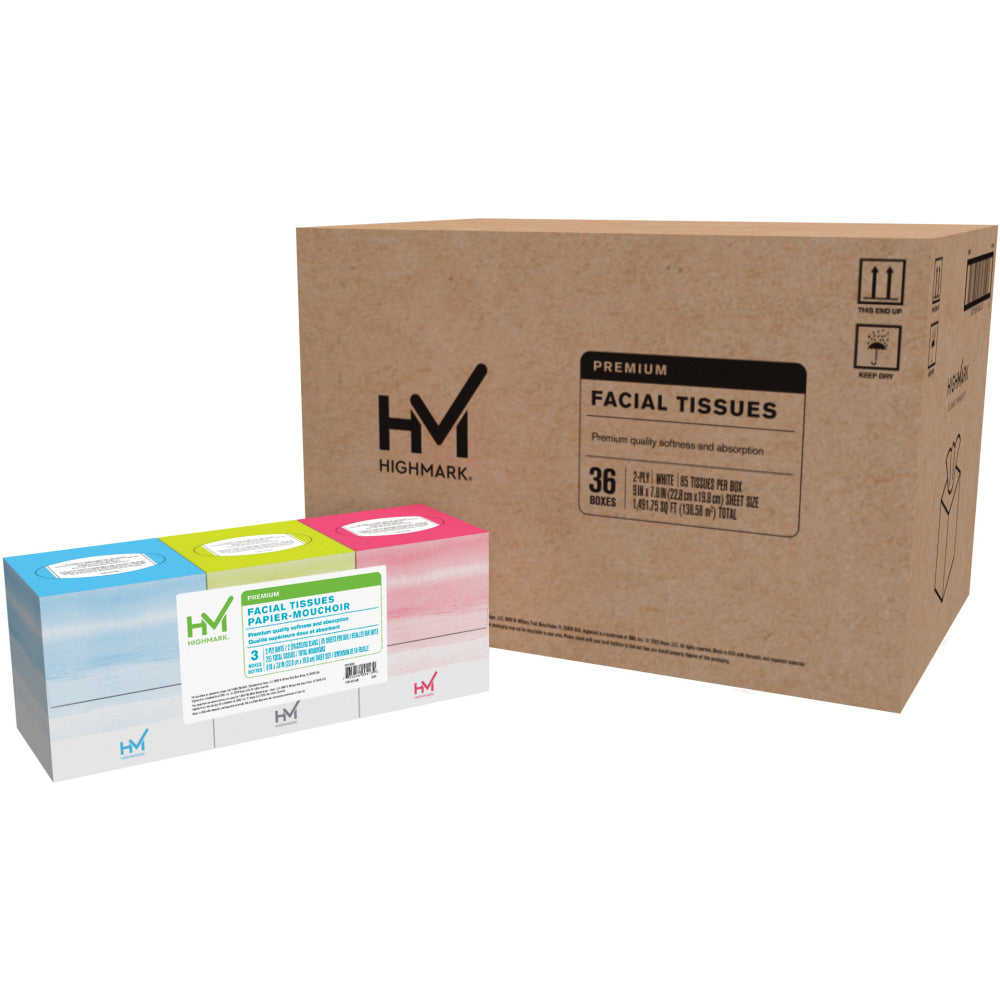 Highmark 2-Ply Facial Tissue, 85 Tissues Per Box, 12 Packs Of 3 Boxes, Case of 36 Boxes