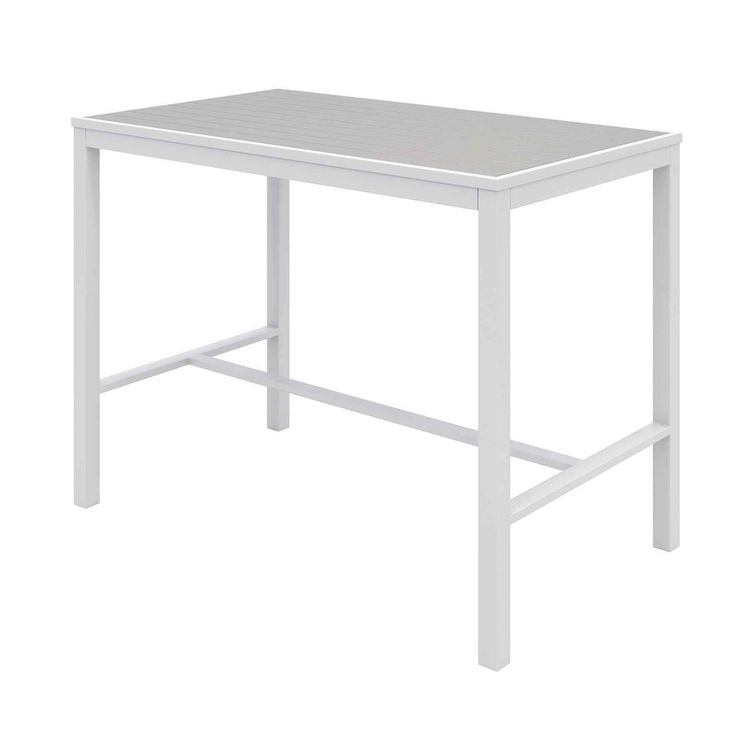 Eveleen Outdoor Bistro Patio Table with Four Gray Powder-Coated Polymer Barstools, 32 x 55, Gray