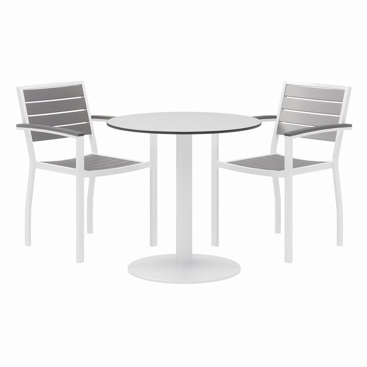 Eveleen Outdoor Patio Table with Two Gray Powder-Coated Polymer Chairs, 30" Dia x 29h, Designer White