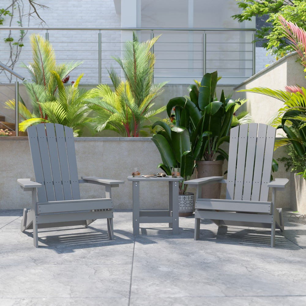 Flash Furniture Charlestown All-Weather Poly Resin Folding Adirondack Chairs With Side Table, 37inH x 30-1/4inW x 34inD, Gray