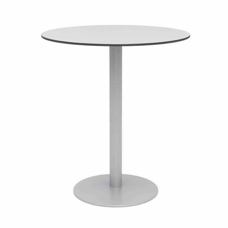 Eveleen Outdoor Bistro Patio Table with Four Mocha Powder-Coated Polymer Barstools, Round, 41"h, Gray