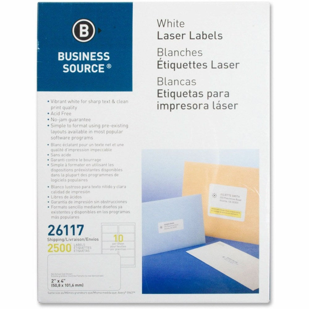 Business Source Bright White Premium-quality Shipping Labels - 2in Width x 4in Length - Permanent Adhesive - Rectangle - Laser, Inkjet - White - 10 / Sheet - 250 Total Sheets - 2500 / Pack - Lignin-free, Jam-free