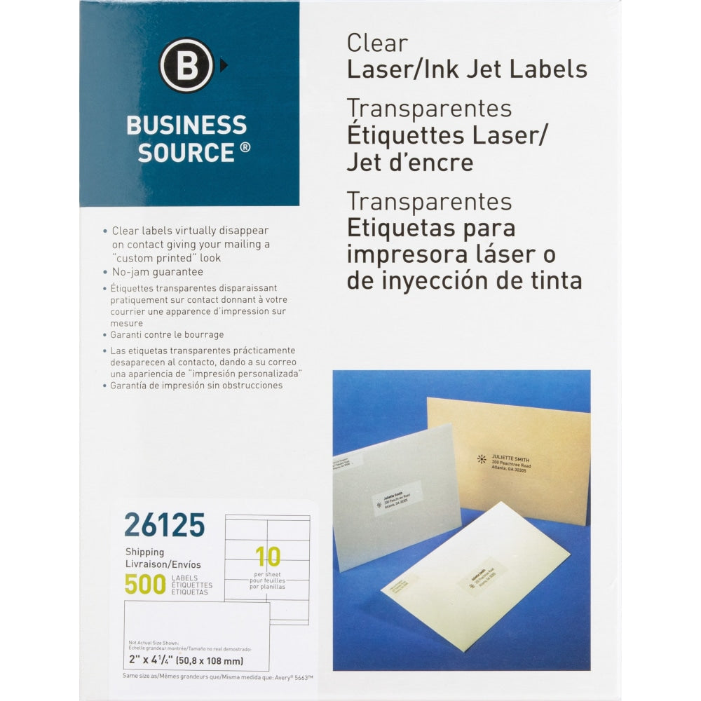 Business Source Clear Shipping Labels - 2in Width x 4 1/4in Length - Permanent Adhesive - Rectangle - Laser - Clear - 10 / Sheet - 500 / Pack - Self-adhesive