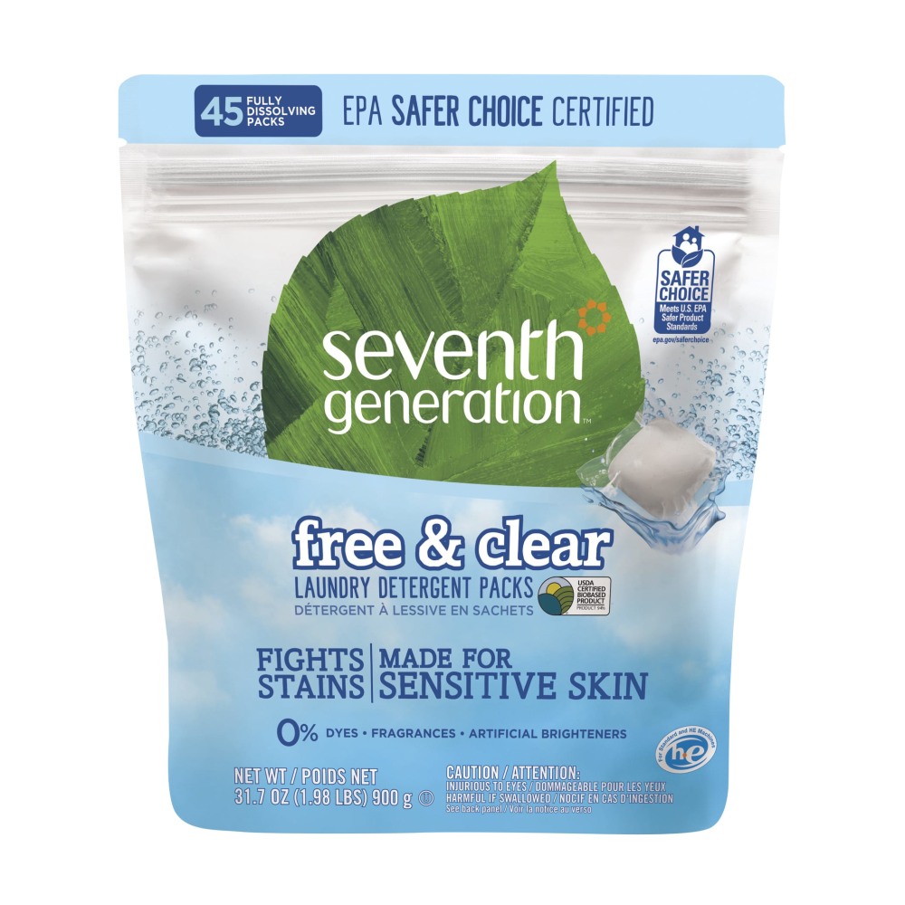 Seventh Generation Free & Clear Laundry Detergent Packs, Unscented, Pack Of 45