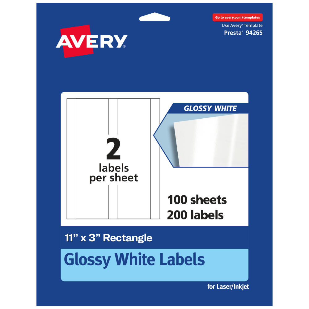 Avery Glossy Permanent Labels, 94265-WGP100, Rectangle, 11in x 3in, White, Pack Of 200