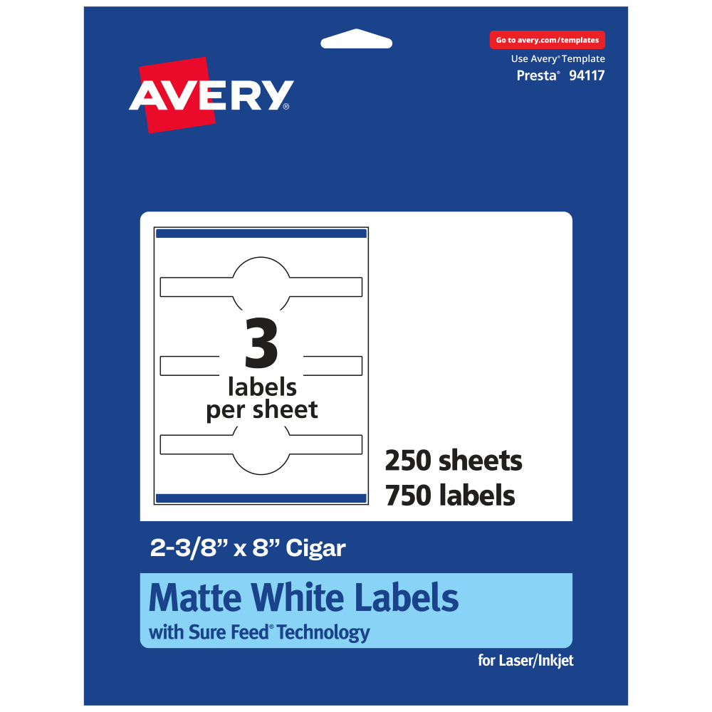 Avery Permanent Labels With Sure Feed, 94117-WMP250, Cigar, 2-3/8in x 8in, White, Pack Of 750