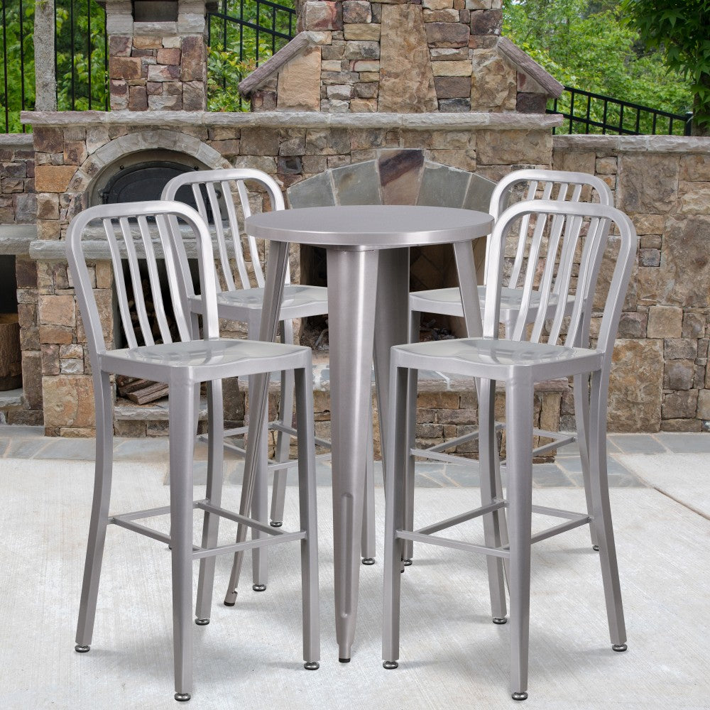 Flash Furniture Commercial Grade Round Metal Indoor-Outdoor Bar Table Set With 4 Vertical Slat Back Stools, 41inH x 24inW x 24inD, Silver
