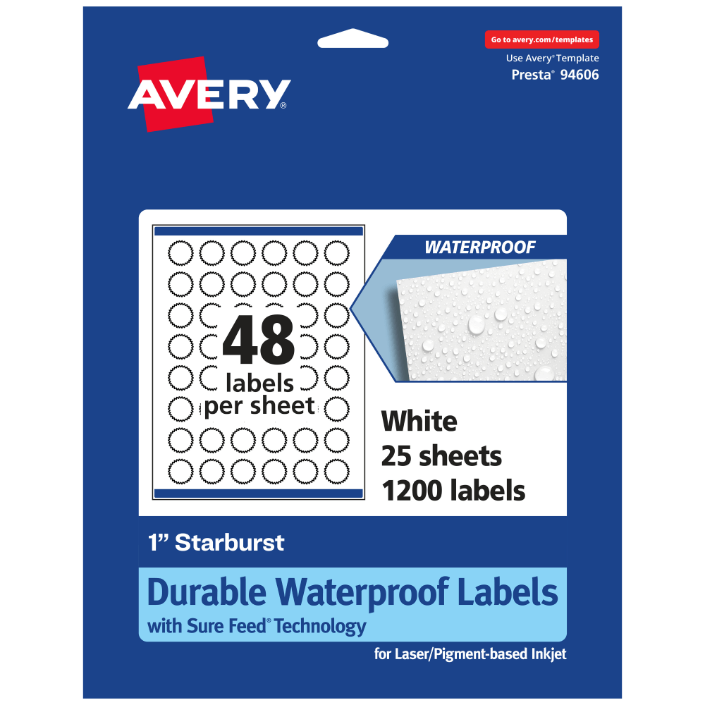 Avery Waterproof Permanent Labels With Sure Feed, 94606-WMF25, Starburst, 1in, White, Pack Of 1,200