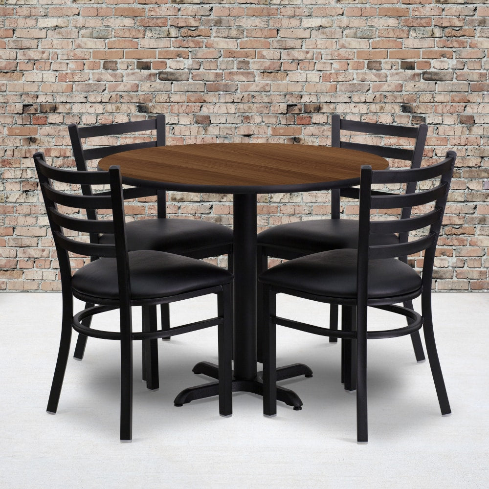 Flash Furniture Round Table With X-Base And 4 Ladder-Back Chairs, 30in x 36in, Walnut/Black