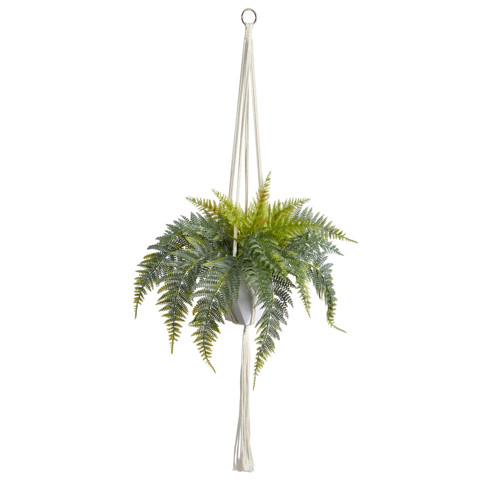 Nearly Natural Hanging Fern 25inH Artificial Plant With Decorative Basket, 25inH x 16inW x 12inD, Green/White