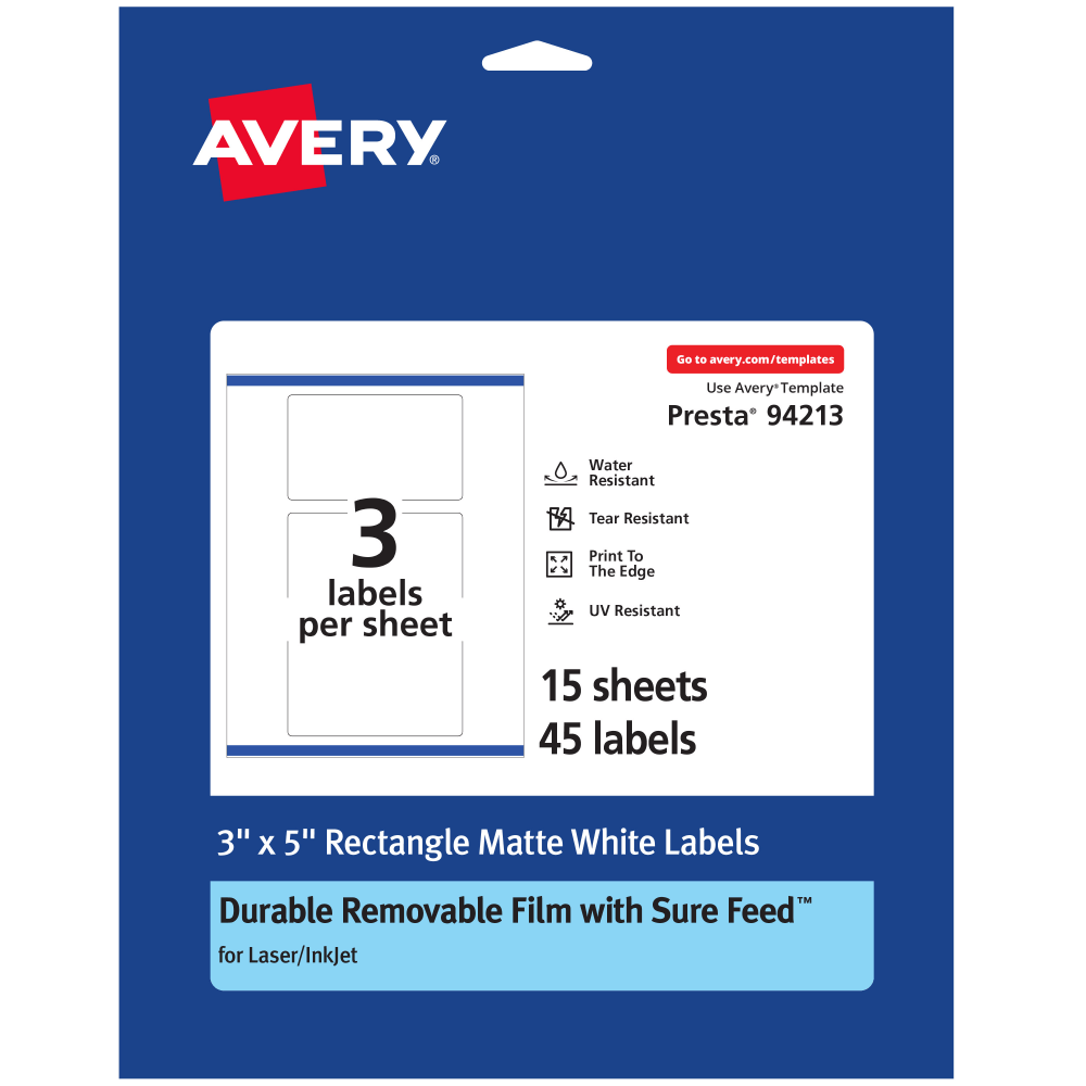 Avery Durable Removable Labels With Sure Feed, 94213-DRF15, Rectangle, 3in x 5in, White, Pack Of 45