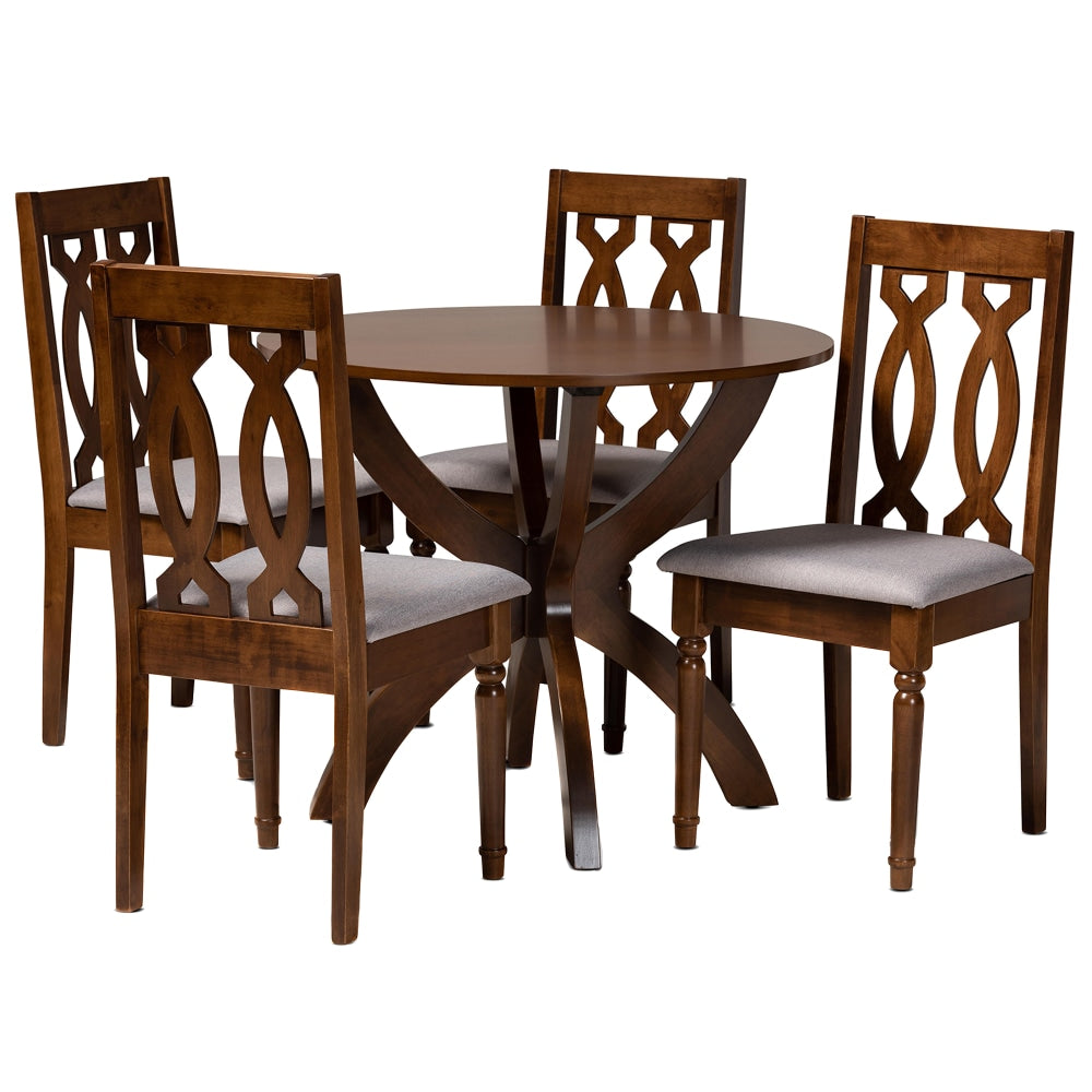 Baxton Studio Mona 5-Piece Dining Set, 29-15/16inH x 35-7/16inW x 35-7/16inD, Gray/Walnut