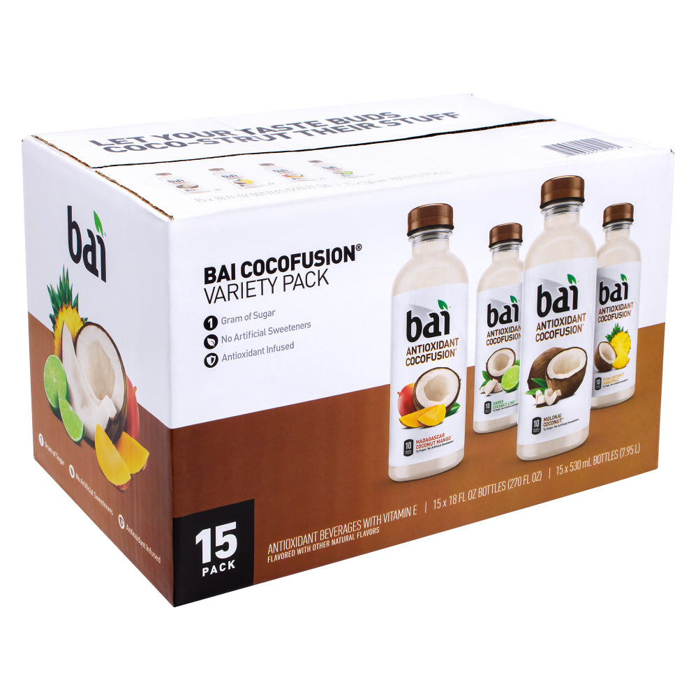 BAI Cocofusion Flavored Water Drinks, 18 Oz, Assorted Flavors, Pack Of 15 Bottles