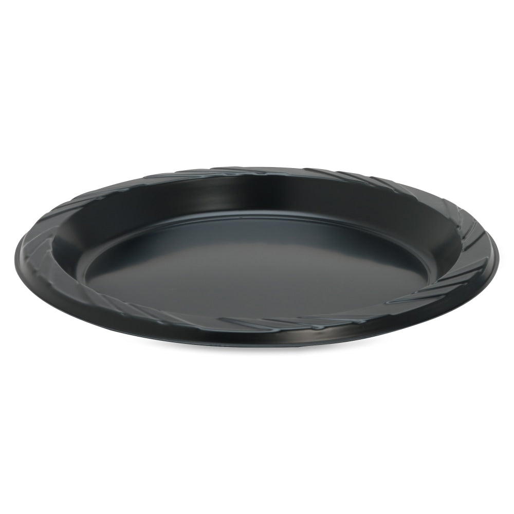 Genuine Joe Round Plastic Black Plates - 125 / Pack - 9in Diameter Plate - Plastic - Serving - Disposable - Black - 500 Piece(s) / Carton