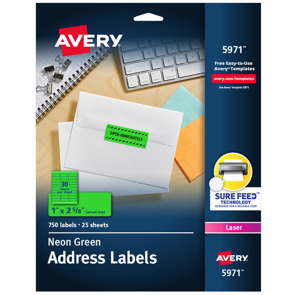 Avery High-Visibility Permanent Laser ID Labels, 5971, 1in x 2 5/8in, Neon Green, Pack Of 750