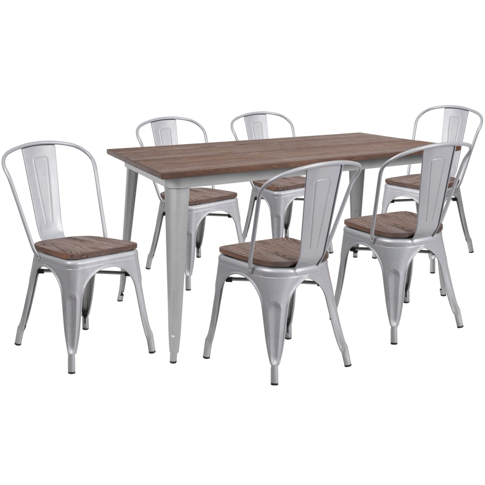 Flash Furniture Metal Table Set With Wood Top And 6 Stack Chairs, 30-1/2inH x 30-1/4inW x 60inD, Silver