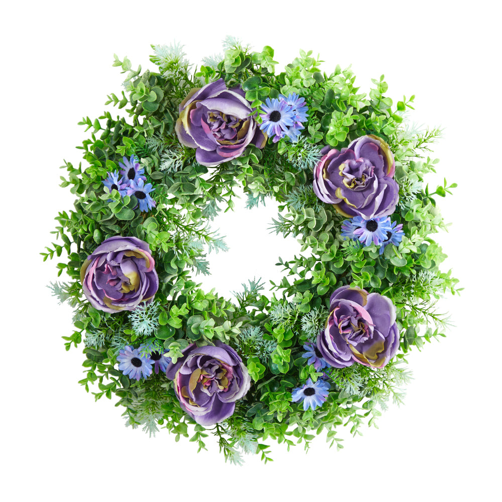 Nearly Natural Rose, Daisy and Greens 22inH Artificial Wreath, 22inH x 22inW x 5inD, Purple