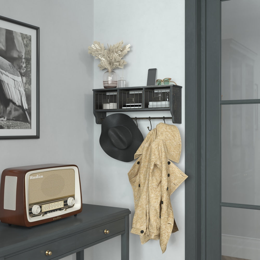 Flash Furniture Daly Wall-Mounted Solid Pine Wood Storage Rack, 9-1/4inH x 23-1/2inW x 5-1/2inD, Black Wash