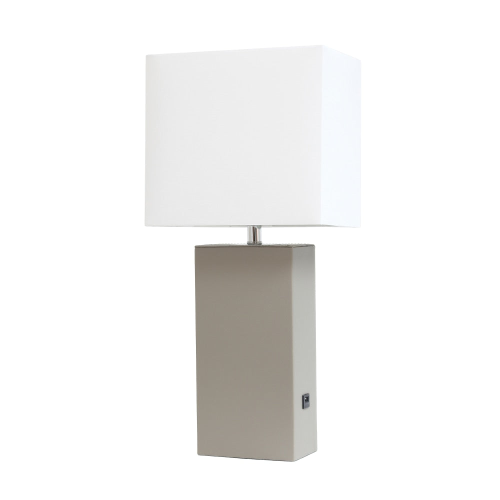 Elegant Designs Modern Leather Table Lamp With USB Port, 21inH, White Shade/Gray Base