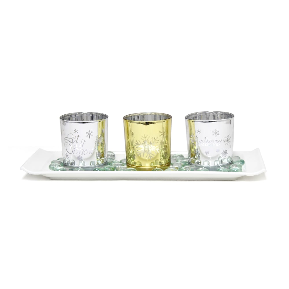 Elegant Designs Winter Wonderland Candle Holder Set, 3-1/2in x 5in x 14in, Silver/Gold, Set Of 3 Holders