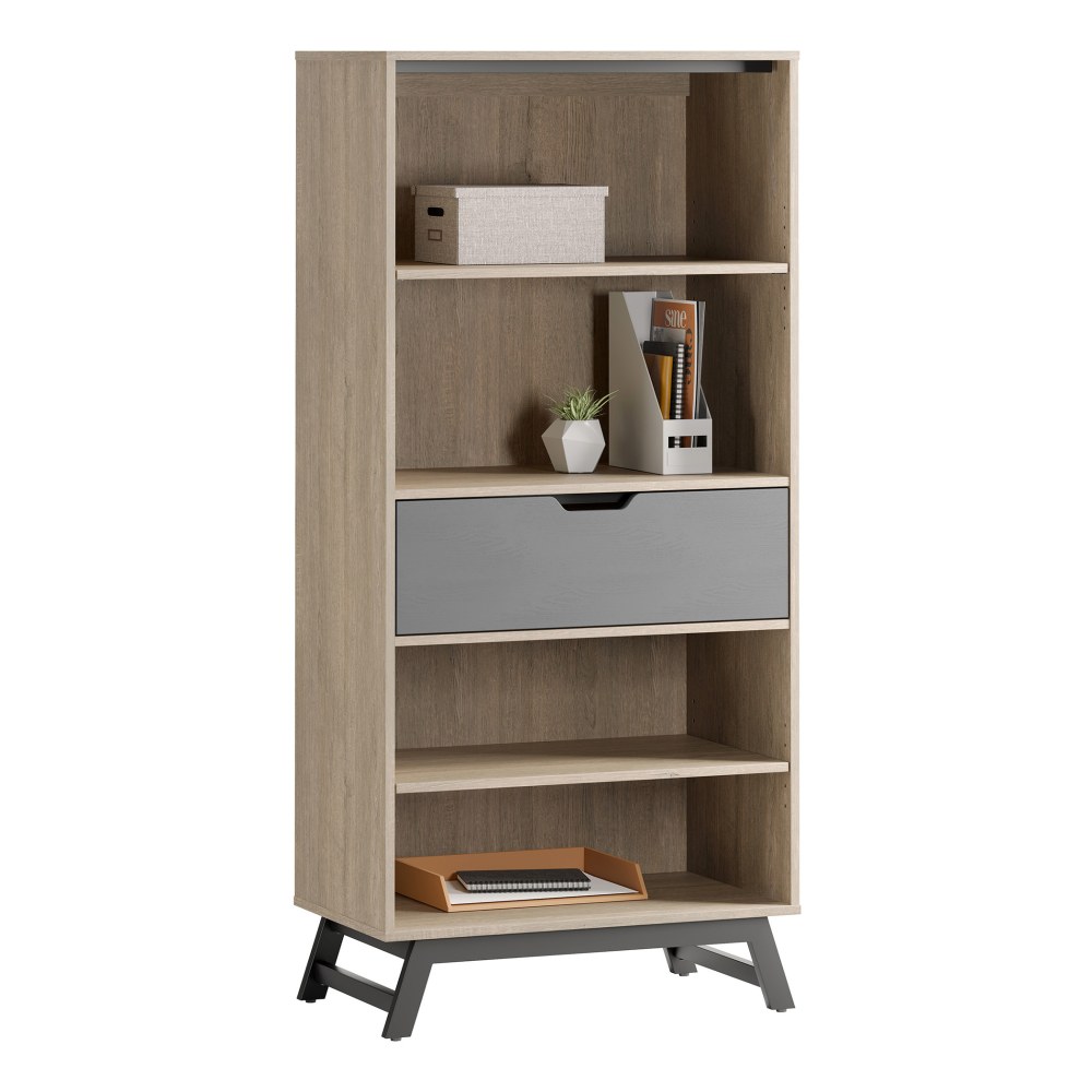 Realspace Nashira 61inH 4-Shelf Bookcase With Drawer, Light Oak/Gray