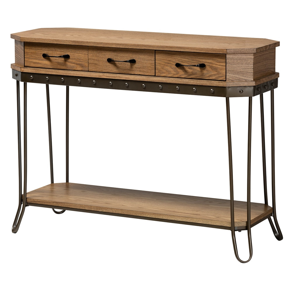Baxton Studio Vintage Rustic Industrial 3-Drawer Console Table, 32inH x 42-15/16inW x 15-1/2inD, Oak Brown/Black