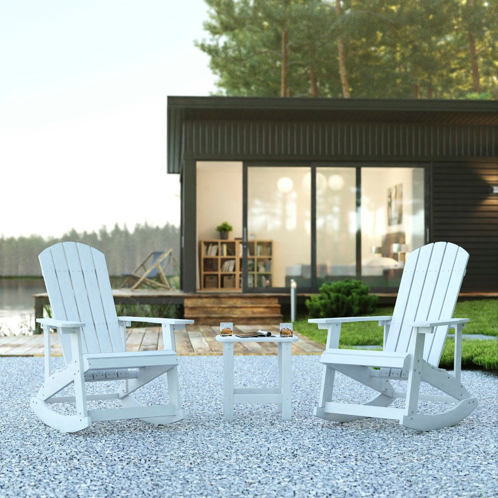 Flash Furniture Savannah All-Weather Poly Resin Wood Adirondack Rocking Chairs With Side Table, 39-1/2inH x 29-1/2inW x 37-3/4inD, White