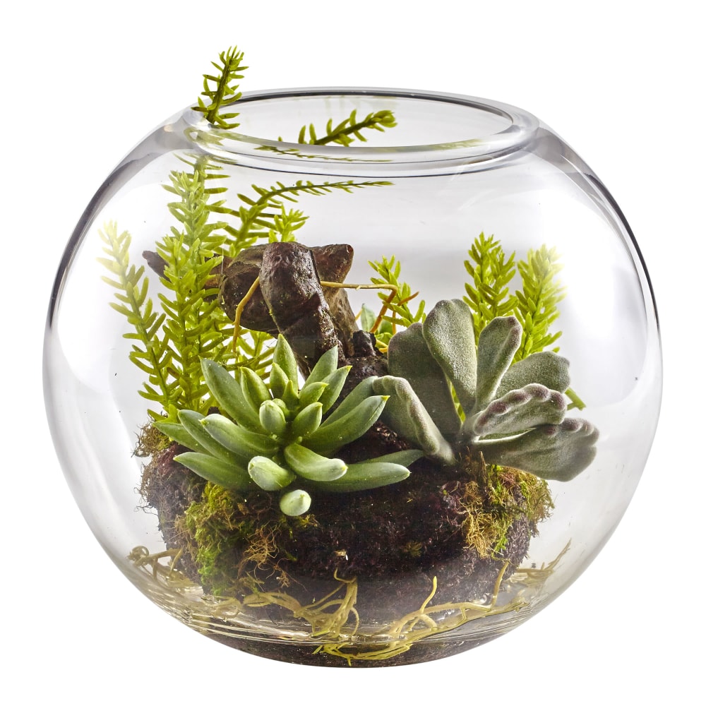 Nearly Natural Mixed Succulents 6-1/2inH Plastic Garden With Glass Vase, 6-1/2inH x 8inW x 8inD, Green