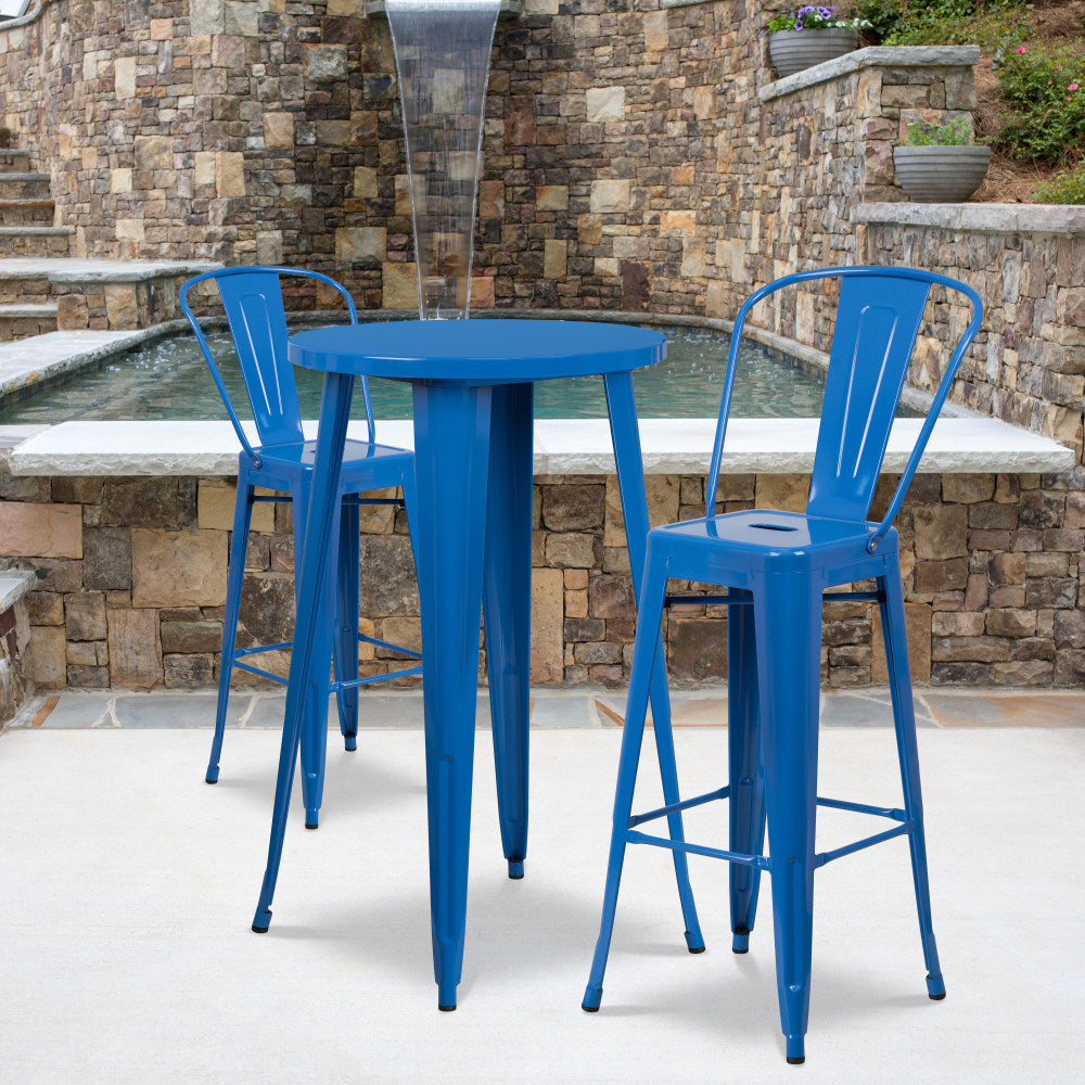 Flash Furniture Round Metal Bar Table Set With 2 Cafe Stools, 41in x 24in, Blue