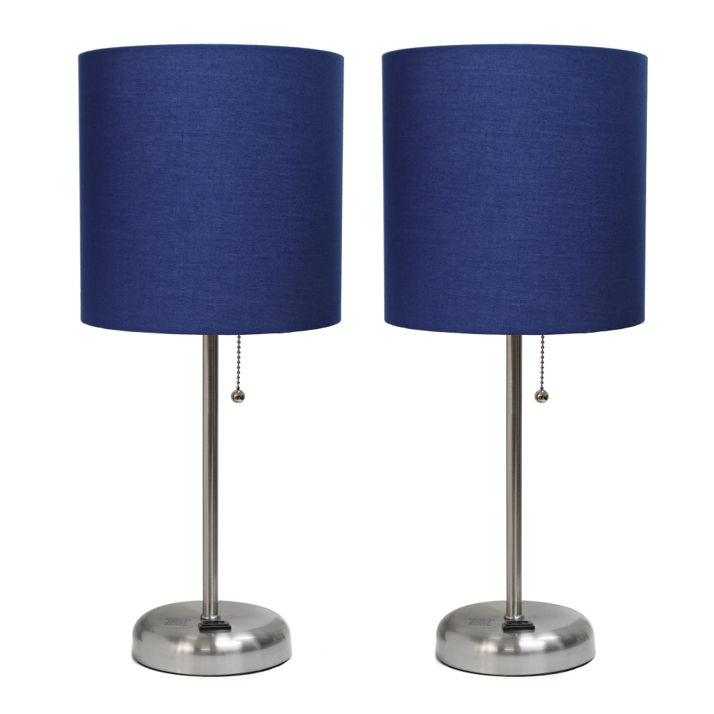 LimeLights Brushed Steel Stick Lamp with Charging Outlet and Navy Fabric Shade 2 Pack Set