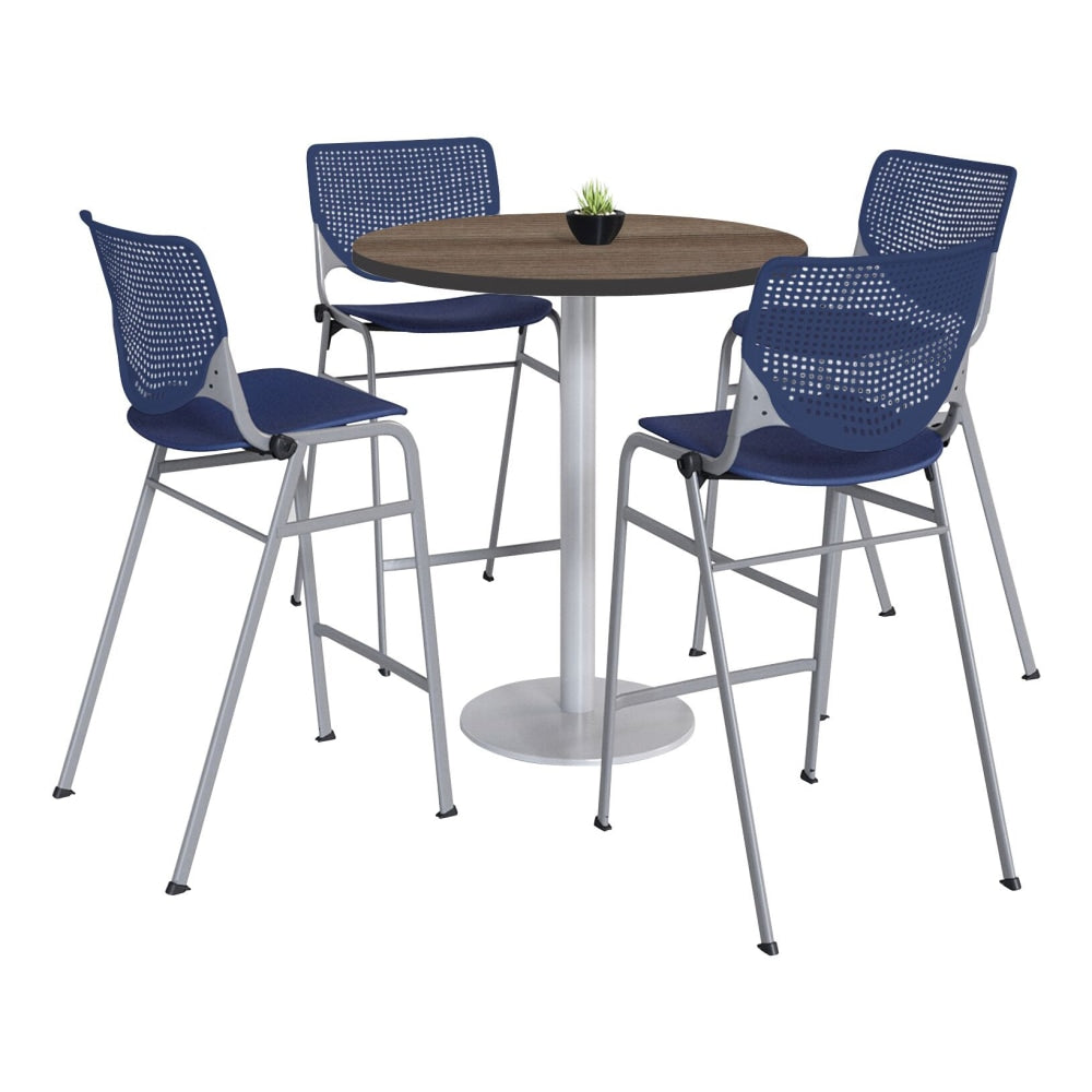 KFI Studios KOOL Round Pedestal Table With 4 Stacking Chairs, 41inH x 36inD, Studio Teak/Navy