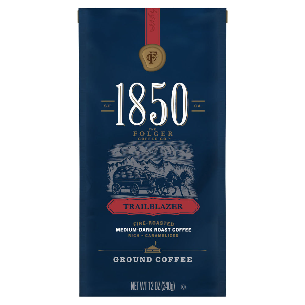 Folgers 1850 Ground Coffee, Medium-Dark Roast, TraiLb Perlazer, 12 Oz Per Bag, Carton Of 6 Bags