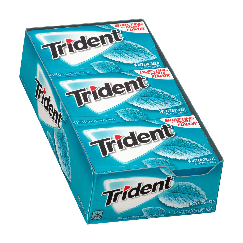 Trident Sugar-Free Wintergreen Gum, 14 Pieces Per Pack, Box Of 12 Packs