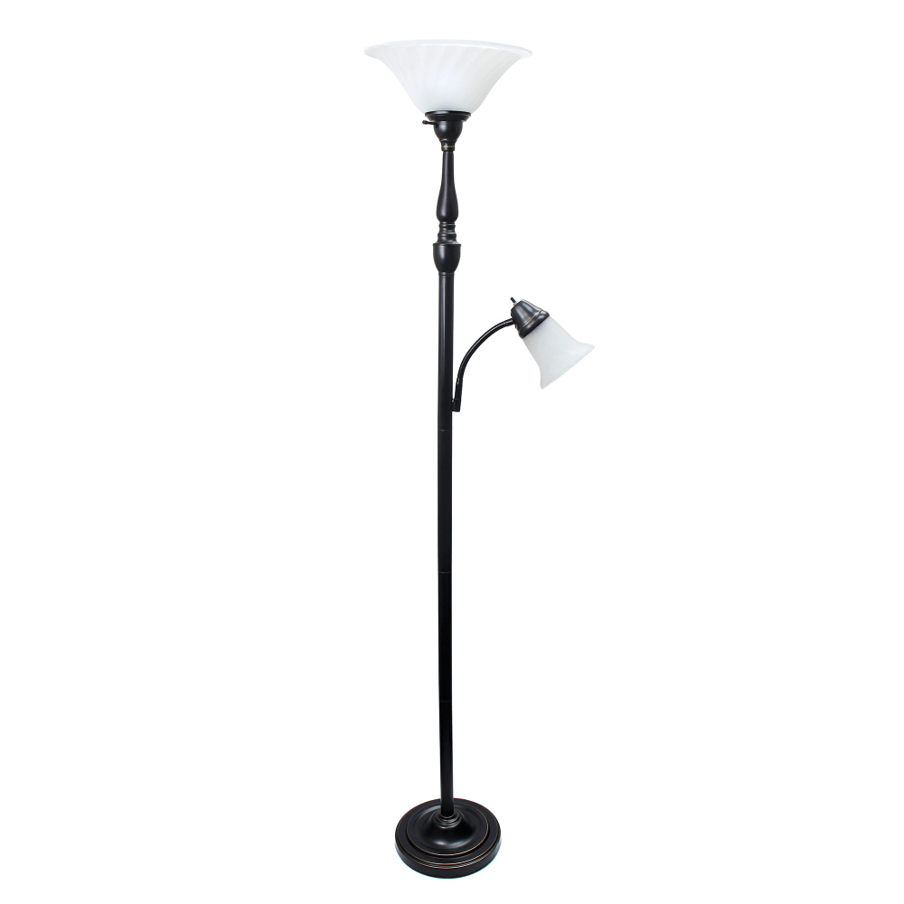 Lalia Home Torchiere Floor Lamp with Reading Light and Marble Glass Shades, 71inH, White Marble Shades/Restoration Bronze Base