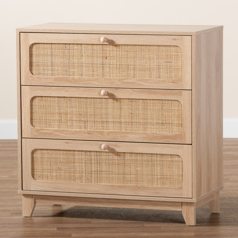 Baxton Studio Elsbeth Japandi 32inW 3-Drawer Storage Cabinet, Oak Brown/Natural Brown