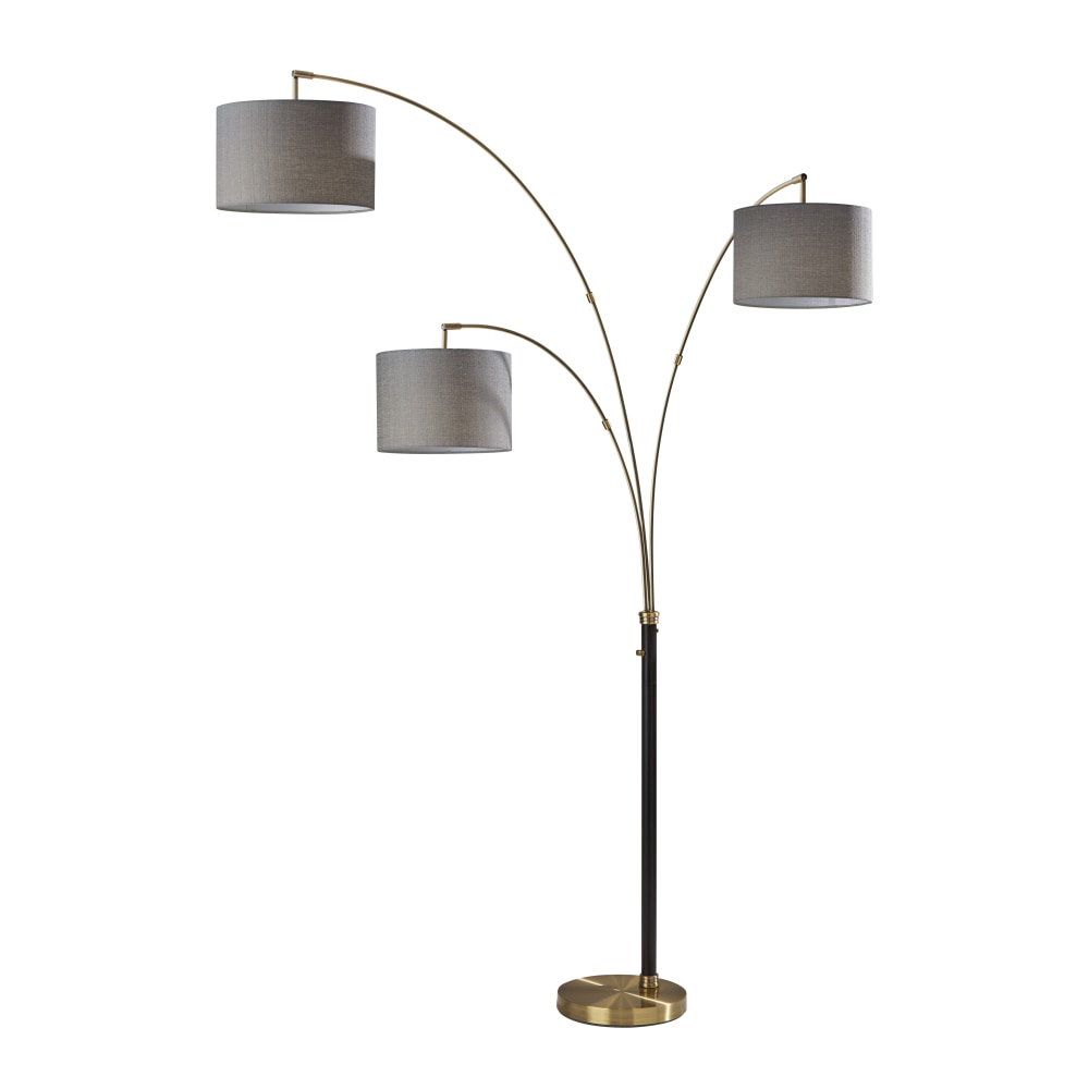 Adesso Bergen 3-Arm Arc Lamp, 82inH, Gray Shade/Antique Brass Base