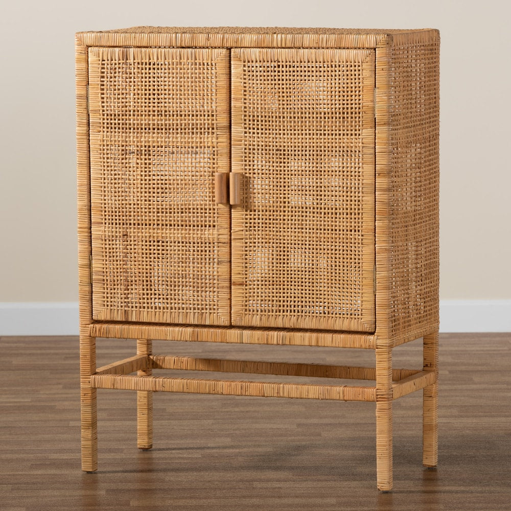 bali & pari Vivan 33inW Rattan And Mahogany Wood 3-Shelf Storage Cabinet, Natural Brown