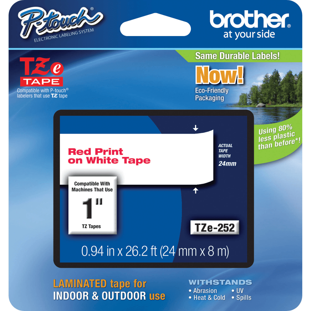 Brother TZe-252 Red-On-White Tape, 1in x 26.2ft